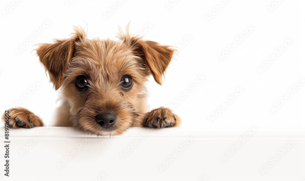 Cute puppy peeking out from behind an obstacle on a white background. This adorable shot shows a little dog curiously peering at the world from behind his shelter Cute puppy peeking out from behind an obstacle on a white background. This adorable shot shows a little dog curiously peering at the world from behind his shelter