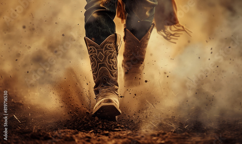 Scratched cowboy boots raise dust as their rider takes off into the unknown. A symbolic and powerful image, where the departed leaves behind traces of his courage and determination photo