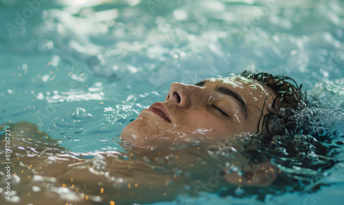 A person lying in a cold pool bath  eyes closed  fully immersed in the cool water  enjoying the refreshing effects of an ice bath.