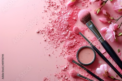 cosmetic make up flat lay pink background copy space text beauty graphic content