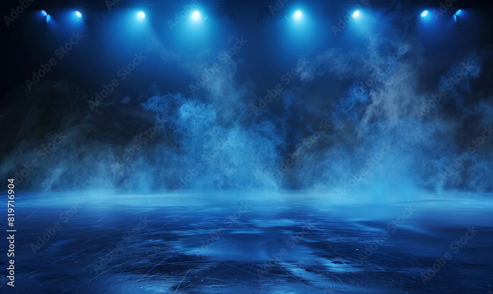Hockey ice sheet with smoke on a dark background. A surreal representation of a hockey rink, where fog and lighting create a unique atmosphere and atmosphere.