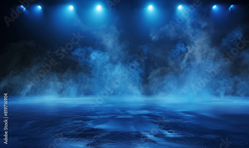 Hockey ice sheet with smoke on a dark background. A surreal representation of a hockey rink  where fog and lighting create a unique atmosphere and atmosphere.