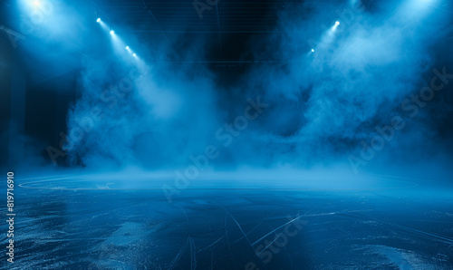 Hockey ice sheet with smoke on a dark background. A surreal representation of a hockey rink, where fog and lighting create a unique atmosphere and atmosphere.
