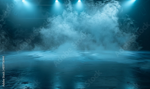 Hockey ice sheet with smoke on a dark background. A surreal representation of a hockey rink, where fog and lighting create a unique atmosphere and atmosphere. photo