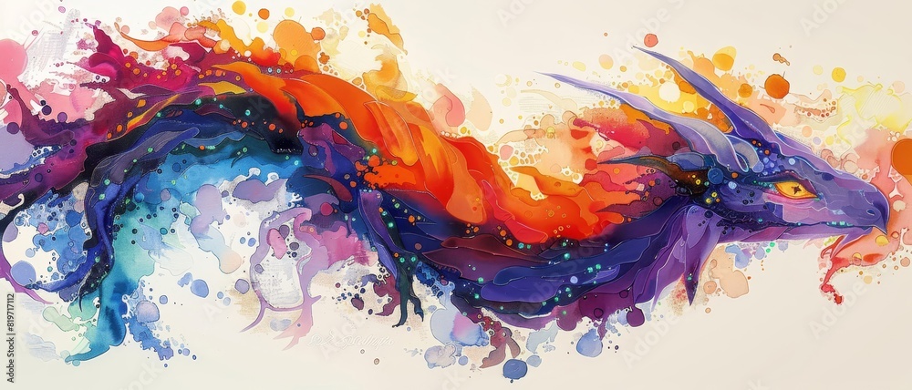 Vibrant watercolor dragon art in colorful abstract style, blending hues of orange, red, purple, and blue in a fluid, dynamic form.