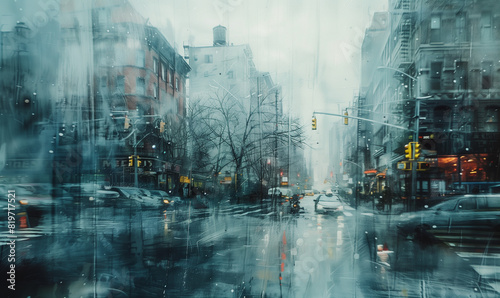 Muted shades of gray and blue flow together, with only the faint outlines of buildings and street signs barely visible, as if a watercolor painting had come to life through blurry windows. photo