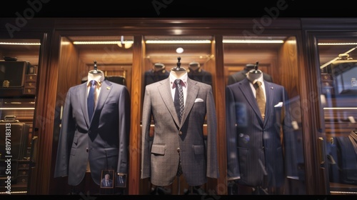 Timeless elegance: Men's suits showcased in a high-end boutique, embodying the essence of men's fashion, luxury retail display, and sophisticated style
 photo