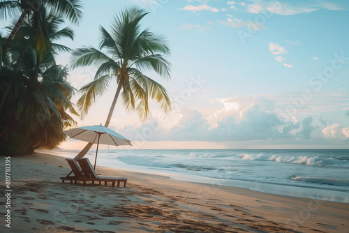deserted wild beach with palm trees at dawn and one white beach chair with an umbrella .copy space. Tropical solitude  sunrise serenity  escape  coastal tranquility  remote relaxation