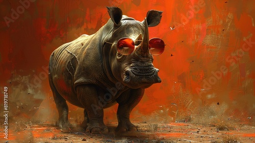  Rhinoceros portrait with red-tinted glasses on a red backdrop © Shanti
