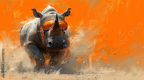  Digital artwork of a rhino sprinting through a green field against an orange canvas and vibrant orange sky