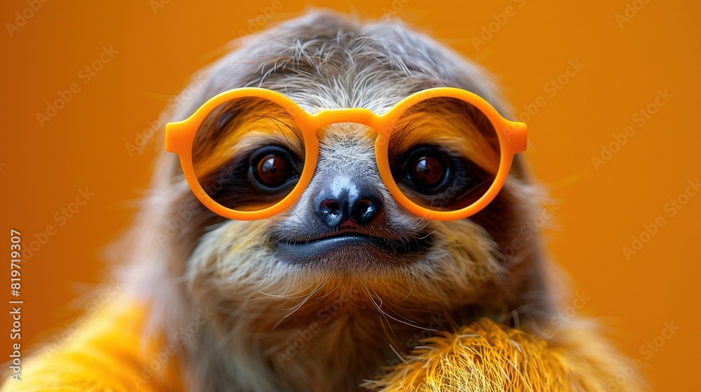   A close-up of a monkey wearing sunglasses and holding a stuffed animal in front of it