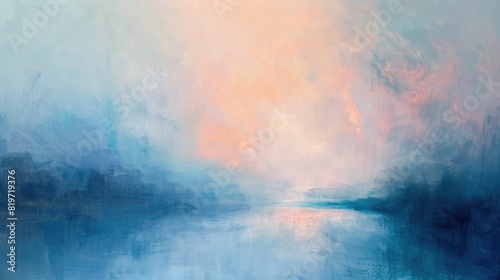 A rectangle painting of a natural landscape featuring a lake with a beautiful sunset in the background. The sky is filled with cumulus clouds, creating a stunning art piece AIG50 photo