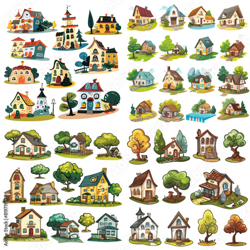 Charming hand-drawn village houses with lush greenery and fairy-tale aesthetics. Ideal for fantasy art, game design, and creative architectural inspiration.