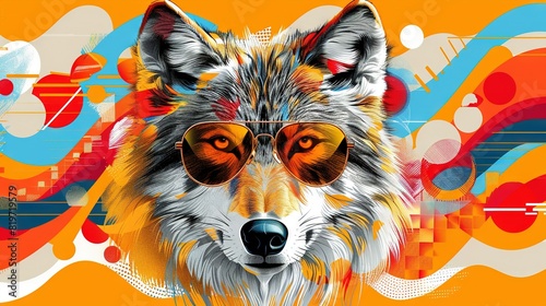  Wolf with Sunglasses on Background of Wavy Lines and Shapes