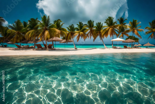 Paesaggio. In riva al mare spiaggia esotica, tropicale con palme. Viaggi e turismo al sole. photo
