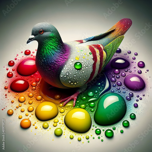 A wild dove perched on a colored khatra,Wild DovePerched on Vibrant Khatra. photo