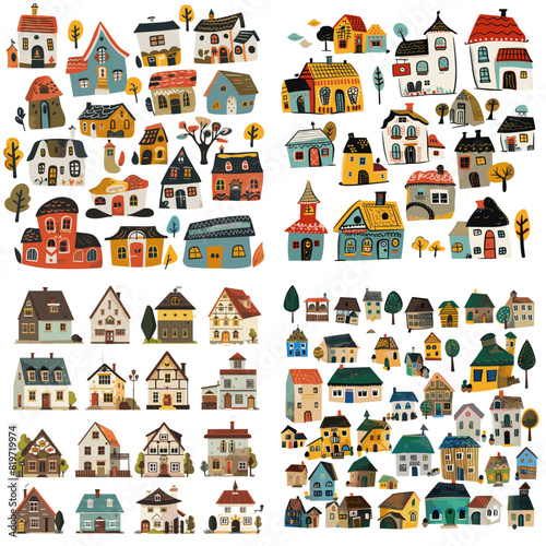 Playful hand-drawn village houses with vibrant colors and folk-art style. Perfect for illustration, game design, fantasy art, and creative architectural concepts.