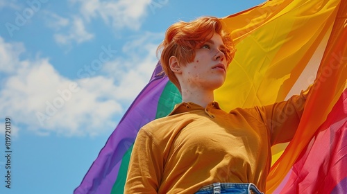 Queer person in summer clothes holding rainbow flag at a blue sky, shot from below LGBT pride or gay pride. Lesbian, gay, bisexual and transgender people proud of sexual orientation gender identity. © Екатерина Чумаченко