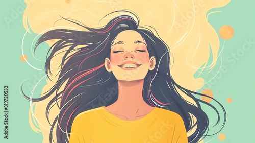 Illustration of a happy woman with flowing hair, smiling joyfully against a colorful, abstract background.