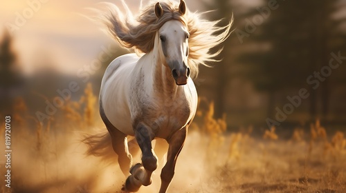 A majestic portrait of a horse in full gallop  its mane flying in the wind as it races across a sunlit meadow  exuding power and grace in every stride.