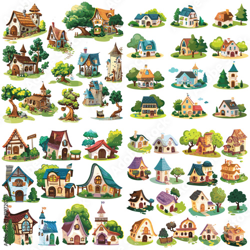 Whimsical fairy-tale village houses with vibrant colors and lush landscapes. Perfect for game design, fantasy art, and architectural inspiration.


