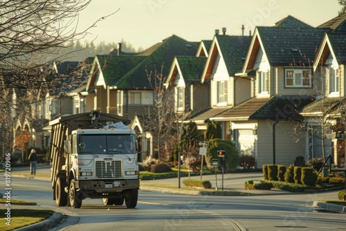 A garbage truck driving through a suburban neighborhood with the picturesque houses in the background