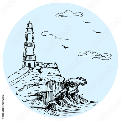 Lighthouse vector hand drawn illustrations. Sea sketch with rocks and lighthouse. Sea background with waves and lighthouse