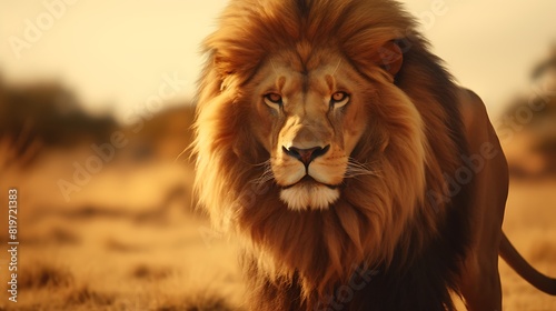 A majestic portrait of a lion, its golden mane blowing in the wind, conveying a sense of power and regal beauty in the heart of the savanna. © Ansar