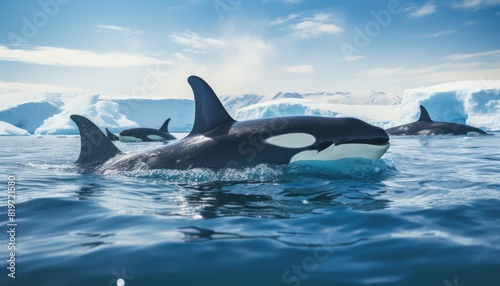 Groups of Orcas or killer whales swim and hunt for prey, the top of the food chain in a sea of ​​ice floes