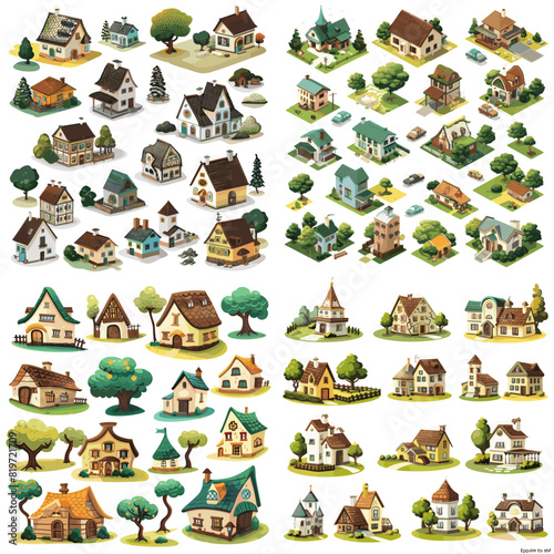 Set of four image of cartoon houses and trees for your design
