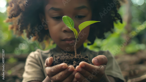 An African American child holds a tree sprout with soil in his hands. Symbolizing eco-friendliness and connection to nature, the importance of environmental protection and ecology awareness.