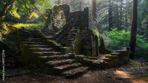 old stone stairs in forest Generative AI 