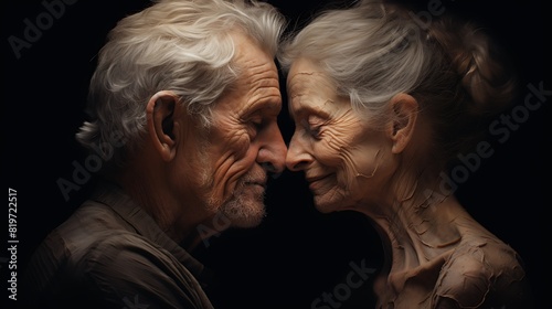 A soulful portrait of an elderly couple, their weathered faces etched with lines of wisdom and love, as they gaze fondly into each other's eyes.