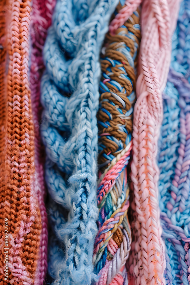 Burst of Colors: A Detailed Display of Vibrant Yarn Knitting Patterns in Pastel and Deep Hues