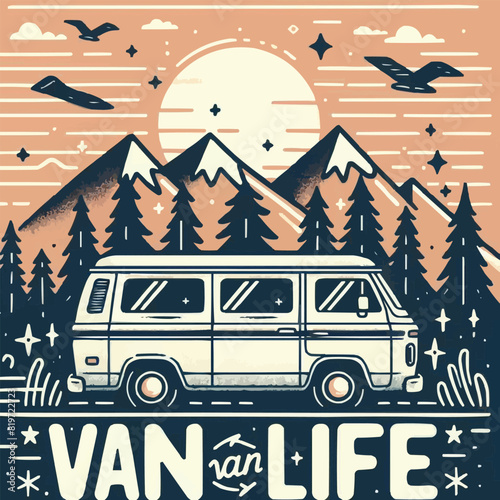 Vanlifer van life lettering decor. Mountains, sunset and forest landscape cute hand drawn vintage illustration road trip lifestyle. Minimalist retro vector text for clothing and printable products.