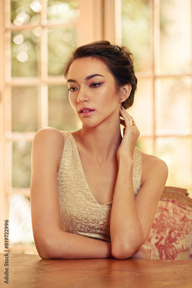 Woman, thinking and girl in luxury mansion with fancy clothes, daydream and elegant. Beauty, aristocratic home and thoughtful for fashion event, makeup and confidence waiting for guests or smart wear Woman, thinking and girl in luxury mansion with fancy clothes, daydream and elegant. Beauty, aristocratic home and thoughtful for fashion event, makeup and confidence waiting for guests or smart wear