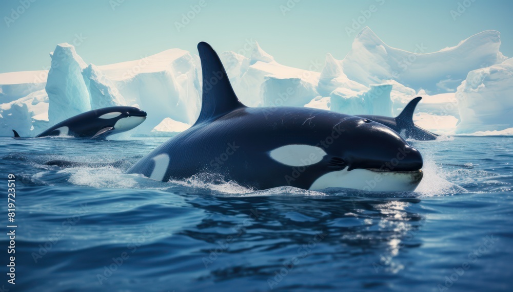 Obraz premium Groups of Orcas or killer whales swim and hunt for prey, the top of the food chain in a sea of ice floes