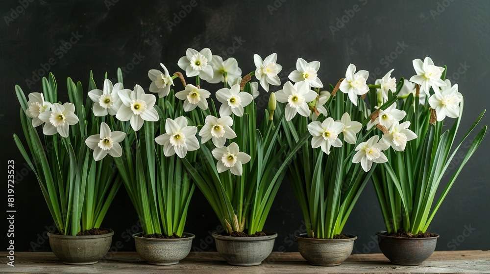   A group of white-flowered potted plants sits on a wooden table in front of a dark background wall