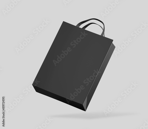 Black shopping bag for branding with place for your brand name or text, Mockup, 3d rendering, isolated on light background.