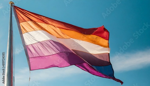 lesbian flag flutters against blue sky, lgbt pride month © Arthur