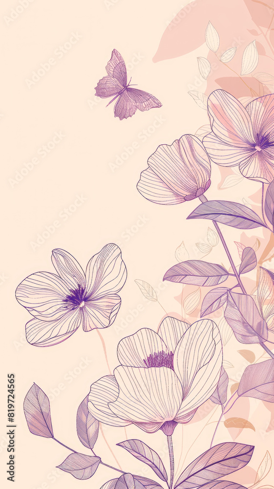 A flowery background with a butterfly and a flower in the foreground A flowery background with a butterfly and a flower in the foreground