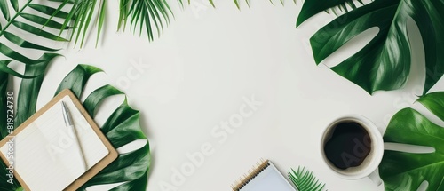Clean and organized white background with a notepad, coffee cup, tablet, and green leaves, symbolizing productivity and freshness photo