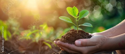 Closeup of hands holding a young tree with soil, emphasizing nurturing and sustainability, with outdoor scenery photo