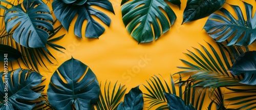 Dark green and bluishgreen tropical leaves arranged against a vivid yellow background, highlighting their diverse shapes and details photo