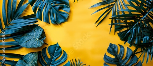 Diverse tropical leaves in dark and bluishgreen on a bright yellow background, showcasing clear details and a lively composition photo
