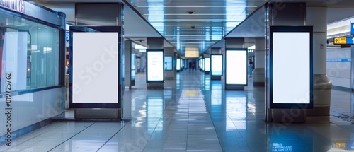 Empty advertising displays in a busy transportation hub, perfect for commercial or public service content photo