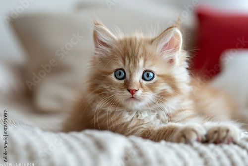 A cute fluffy kitten with blue eyes looking at camera