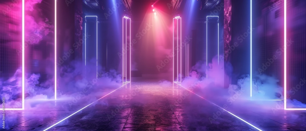 Futuristic stage design with bright neon lights and fog effects, ideal for performances