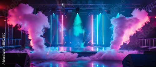 Futuristic stage setup with neon lighting and dynamic smoke effects, ideal for events
