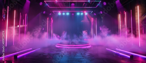 Futuristic stage with bright neon lighting and fog effects, ideal for live performances